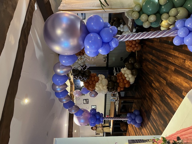Blue and lilac balloon arch at a venue